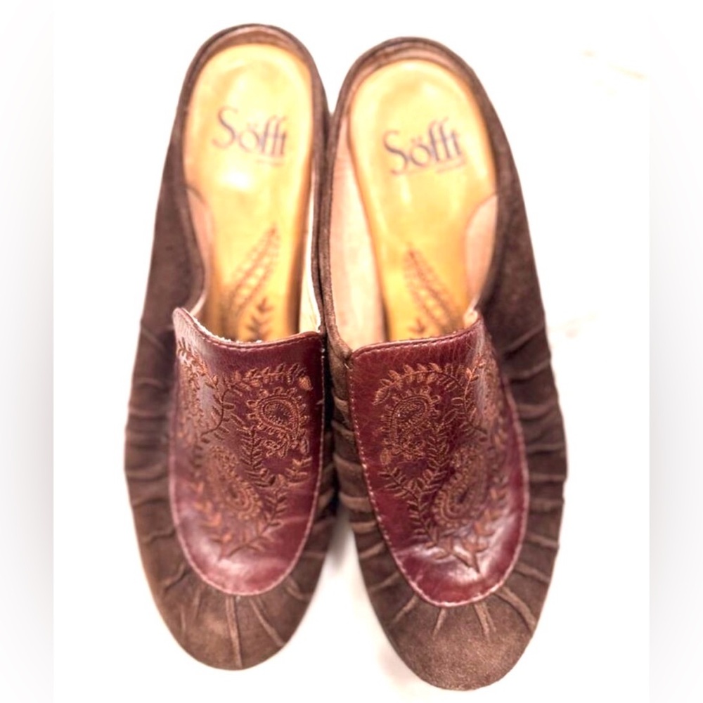 Sofft Shoes Sz 6.5 Comfort Slides Brown Suede Burgundy Paisley Camille Leather